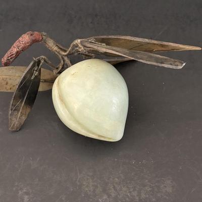 LOT 196: Vintage Green/Pale Green Jade Fruit w/Stone Leaves and MCM Pebble/Bubble Gold Glass Tray