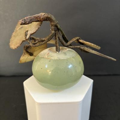 LOT 196: Vintage Green/Pale Green Jade Fruit w/Stone Leaves and MCM Pebble/Bubble Gold Glass Tray