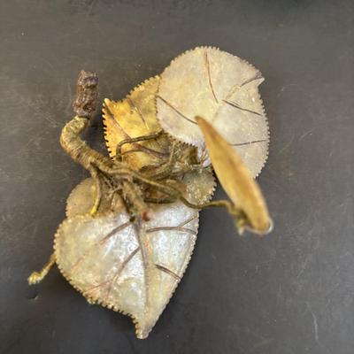 LOT 196: Vintage Green/Pale Green Jade Fruit w/Stone Leaves and MCM Pebble/Bubble Gold Glass Tray