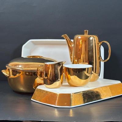 LOT 202 Royal Worcester Gold Lustre Coffee Pot, Creamer & Sugar, Fireproof Casserole Shape 23 Size 7 1/2 & Rectangular Baking Dishes