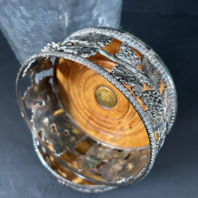 LOT 203: Arthur Court Grape Cluster Canister, Ragazzi & Co. Bottle Stoppers, Grape Cluster Bottle Coasters, Black Stemware w/Matching...