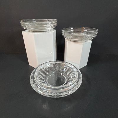 LOT 205: Waterford Sugar Bowl & Creamer Set along with Baccarat Cystal 4inch Under Plates for Bowls