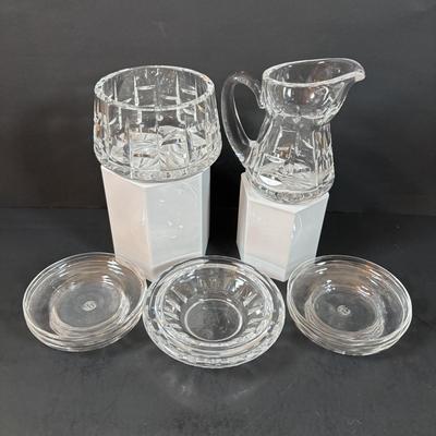 LOT 205: Waterford Sugar Bowl & Creamer Set along with Baccarat Cystal 4inch Under Plates for Bowls