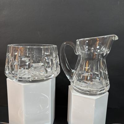 LOT 205: Waterford Sugar Bowl & Creamer Set along with Baccarat Cystal 4inch Under Plates for Bowls