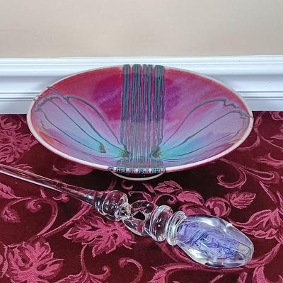 LOT 214: Marc Matsui Signed Pottery Art Bowl with Blown Glass Wand