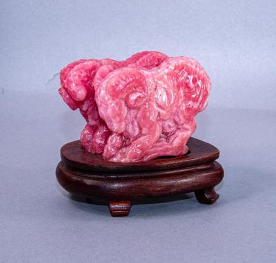 CARVED PINK STONE RAMS ON BASE