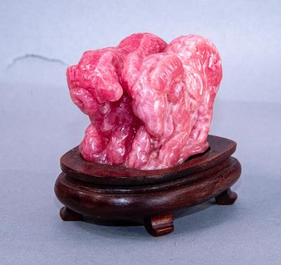 CARVED PINK STONE RAMS ON BASE