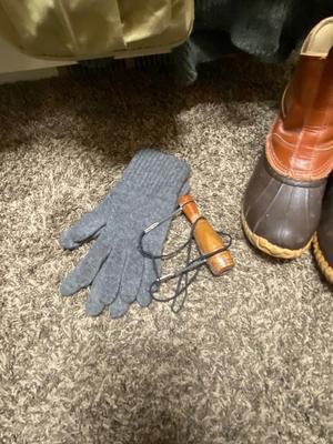 SIZE 10 CABELA’S BOOTS, WINDPROOF SWEATER, ORVIS HUNTING VEST, DUCK CALL & GLOVES
