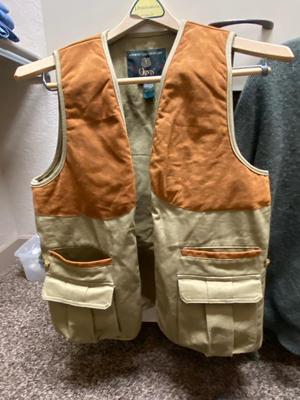 SIZE 10 CABELA’S BOOTS, WINDPROOF SWEATER, ORVIS HUNTING VEST, DUCK CALL & GLOVES