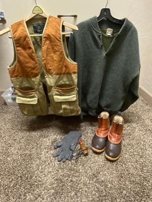 SIZE 10 CABELA’S BOOTS, WINDPROOF SWEATER, ORVIS HUNTING VEST, DUCK CALL & GLOVES