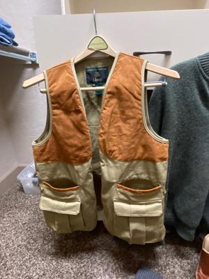SIZE 10 CABELA’S BOOTS, WINDPROOF SWEATER, ORVIS HUNTING VEST, DUCK CALL & GLOVES