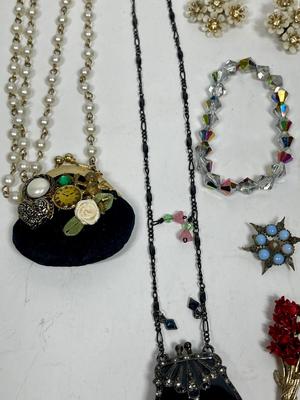 Vintage Costume Jewelry - little purse pendants, antique star pin, clip-on earrings, etc