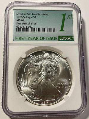NGC CERTIFIED 1986-S MS69 SILVER EAGLE DOLLAR 1ST YEAR ISSUE 1-OUNCE .999 AS PICTURED. FREE DOMESTIC SHIPPING.