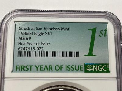 NGC CERTIFIED 1986-S MS69 SILVER EAGLE DOLLAR 1ST YEAR ISSUE 1-OUNCE .999 AS PICTURED. FREE DOMESTIC SHIPPING.