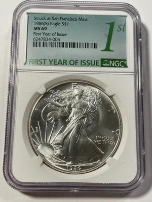 NGC CERTIFIED 1986-S MS69 SILVER EAGLE DOLLAR 1ST YEAR ISSUE 1-OUNCE .999 AS PICTURED. FREE DOMESTIC SHIPPING.