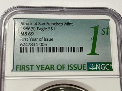 NGC CERTIFIED 1986-S MS69 SILVER EAGLE DOLLAR 1ST YEAR ISSUE 1-OUNCE .999 AS PICTURED. FREE DOMESTIC SHIPPING.