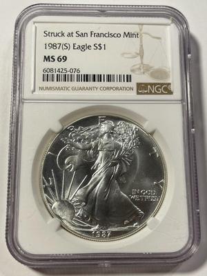 NGC CERTIFIED 1987-S MS69 SILVER EAGLE DOLLAR 1-OUNCE .999 AS PICTURED. FREE DOMESTIC SHIPPING.