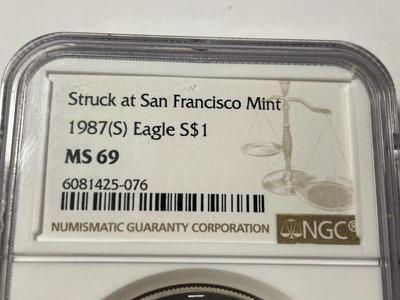 NGC CERTIFIED 1987-S MS69 SILVER EAGLE DOLLAR 1-OUNCE .999 AS PICTURED. FREE DOMESTIC SHIPPING.
