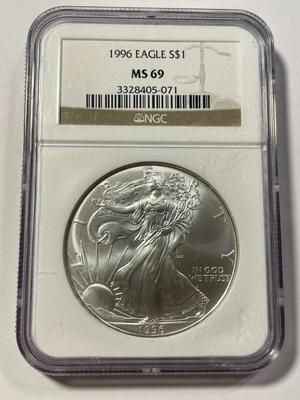 NGC CERTIFIED 1996 MS69 SILVER EAGLE DOLLAR 1-OUNCE .999 AS PICTURED. FREE DOMESTIC SHIPPING.