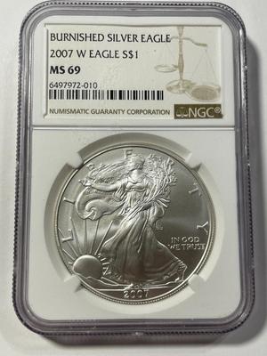NGC CERTIFIED 2007-W BURNISHED MS69 SILVER EAGLE DOLLAR 1-OUNCE .999 AS PICTURED. FREE DOMESTIC SHIPPING.