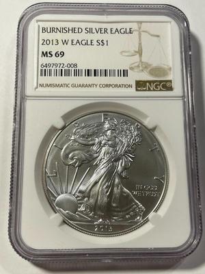 NGC CERTIFIED BURNISHED 2013-W MS69 SILVER EAGLE DOLLAR 1-OUNCE .999 AS PICTURED. FREE DOMESTIC SHIPPING.
