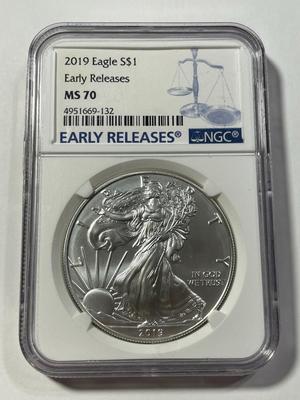 NGC CERTIFIED EARLY RELEASES 2019 MS70 SILVER EAGLE DOLLAR 1-OUNCE .999 AS PICTURED. FREE DOMESTIC SHIPPING.