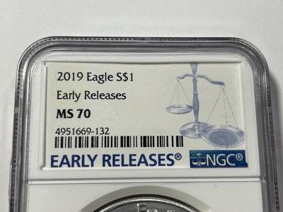 NGC CERTIFIED EARLY RELEASES 2019 MS70 SILVER EAGLE DOLLAR 1-OUNCE .999 AS PICTURED. FREE DOMESTIC SHIPPING.