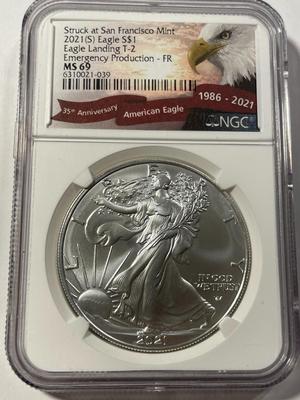 NGC CERTIFIED EARLY RELEASES 2021-S TYPE-2 MS69 SILVER EAGLE DOLLAR EMERGENCY PRODUCTION 1-OUNCE .999 AS PICTURED.
