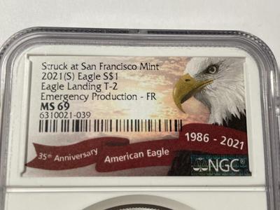 NGC CERTIFIED EARLY RELEASES 2021-S TYPE-2 MS69 SILVER EAGLE DOLLAR EMERGENCY PRODUCTION 1-OUNCE .999 AS PICTURED.