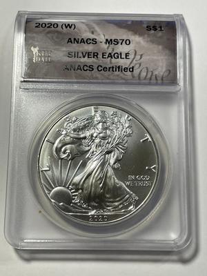 LOT OF (8) ANACS CERTIFIED KEY DATE 2020-(W) MS70 SILVER EAGLE DOLLARS EMERGENCY PRODUCTION DURING COVID 1-OUNCE .999 AS PICTURED.