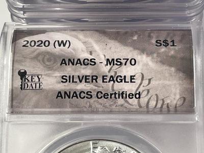 LOT OF (8) ANACS CERTIFIED KEY DATE 2020-(W) MS70 SILVER EAGLE DOLLARS EMERGENCY PRODUCTION DURING COVID 1-OUNCE .999 AS PICTURED.