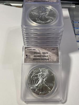 LOT OF (8) ANACS CERTIFIED KEY DATE 2020-(W) MS70 SILVER EAGLE DOLLARS EMERGENCY PRODUCTION DURING COVID 1-OUNCE .999 AS PICTURED.