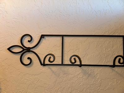 IRON WALL HUNG COAT RACK AND MIRROR PLUS A SIGN