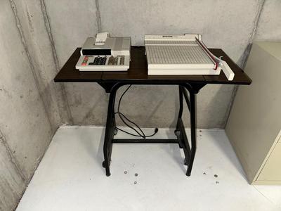 DROP LEAF TYPEWRITER TABLE WITH CALCULATOR AND PAPER CUTTER