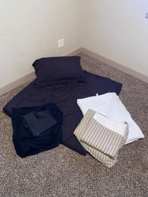 KING SIZE COMFORTER, KING BLANKET, TWO SETS OF KING SHEETS, AND PILLOW