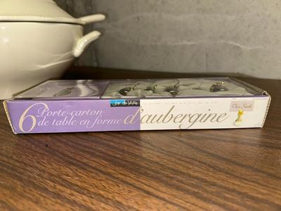 LARGE MIKASA SOUP TUREEN, PLACE CARD HOLDERS, BUTTER DISH AND PEWTER STIR STICKS