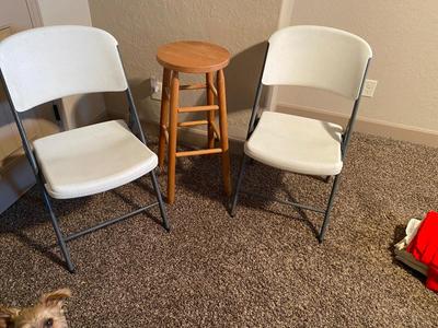 TWO FOLDING CHAIRS AND BAR STOOL