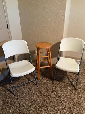 TWO FOLDING CHAIRS AND BAR STOOL