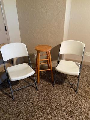 TWO FOLDING CHAIRS AND BAR STOOL