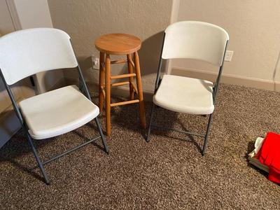 TWO FOLDING CHAIRS AND BAR STOOL