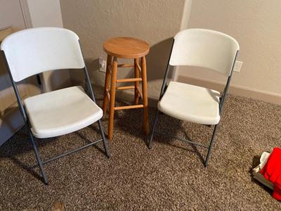 TWO FOLDING CHAIRS AND BAR STOOL