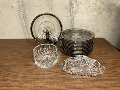 12 GLASS PLATES WITH SILVER RIM, BUTTER DISH & CRYSTAL BOWL
