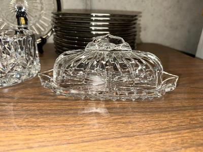 12 GLASS PLATES WITH SILVER RIM, BUTTER DISH & CRYSTAL BOWL