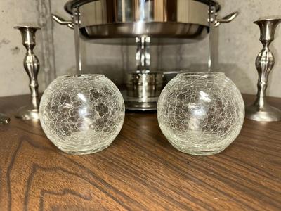 STAINLESS STEEL CHAFING DISH, 4 METAL AND 2 GLASS CANDLE HOLDERS