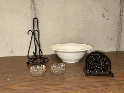 MIKASA SERVING BOWL, IRON PAPER TOWEL HOLDER & NAPKIN HOLDER, 4 GLASS DISHES WITH GOLD RIM