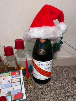 CHRISTMAS DECORATIONS, ALONG WITH THE BIGGEST CHAMPAGNE BOTTLE WE’VE EVER SEEN!