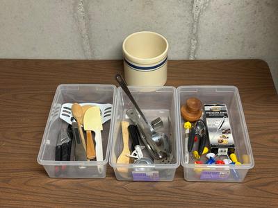 KITCHEN UTENSILS AND A CROCK LIKE HOLDER