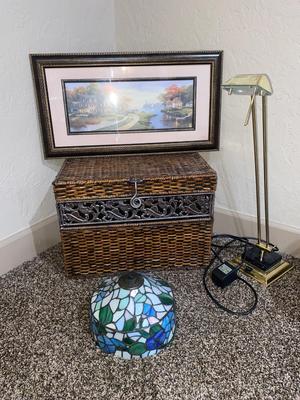 WICKER AND IRON CHEST, TIFFANY STYLE STAINED GLASS LAMPSHADE, WALL ART AND BRASS & MARBLE DESK LAMP