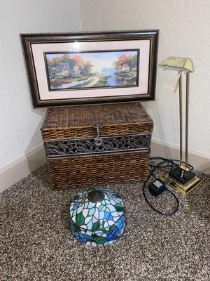 WICKER AND IRON CHEST, TIFFANY STYLE STAINED GLASS LAMPSHADE, WALL ART AND BRASS & MARBLE DESK LAMP