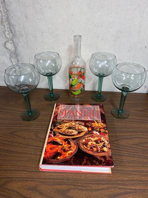 MARGARITA GLASSES, SPANISH COOKBOOK, AND DECORATIVE PEPPER BOTTLE